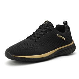 Outdoor Fitness Running Walking Trainers Men Casual Lightweight Lace-up Tenis Walking Sneakers Comfortable Breathable SportShoes (Color: Gold, size: 44)